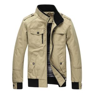 Men's Premium Khaki Tactical Military Jacket – Slim Fit Cotton Bomber with Multi-Pocket Utility Design