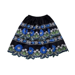 Black Scalloped Mini Skirt – Blue & White Floral Embroidery