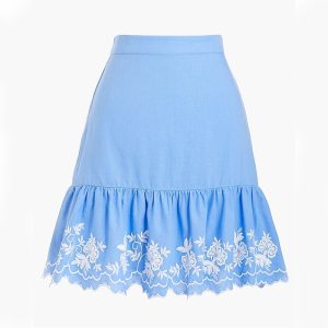 Sky Blue Scalloped Ruffle Skirt – White Floral Embroidery & Cotton Lining