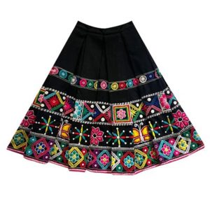 Premium Black Pleated Ethnic Skirt – Multicolored Geometric & Butterfly Embroidery