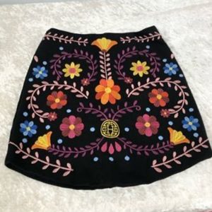 Premium Black Embroidered A-Line Mini Skirt – Multicolored Floral Boho Design