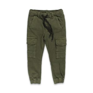 Boys' Slim-Fit Twill Cargo Joggers - Olive Green Military Style Utility Pants